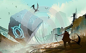 Digital illustration art painting style warrior readying to attack many fly monsters by huge weapon, the stone cube and chained i