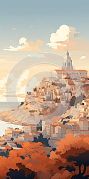 Digital Illustration Of A Baroque City With Mountains And Ocean