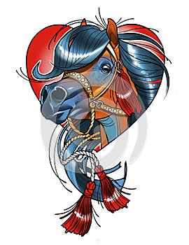 Digital illustration of a beautiful horse`s head in a bridle with tassels