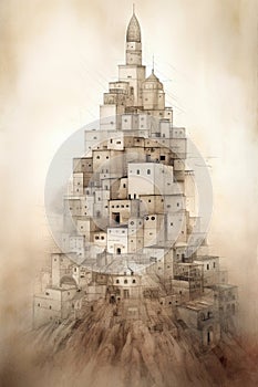 Digital illustration of the biblical tower of Babel