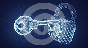 Digital illustration of a binary code key and padlock in a futuristic technological concept about cybersecurity and encryption
