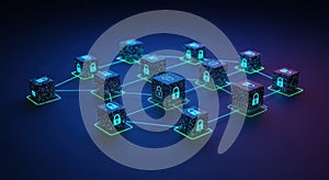 Digital illustration of a blockchain concept features rows of interconnected blocks