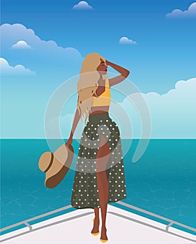 Digital illustration of a blonde girl resting on vacation posing in a beach suit for a photo on a yacht on a cruise