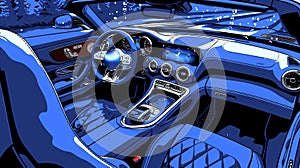 Digital illustration of blue luxury sports car interior with premium leather seats and modern dashboard. Upscale vehicle