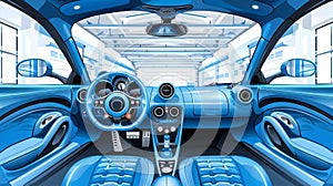 Digital illustration of blue luxury sports car interior with premium leather seats and modern dashboard. Upscale vehicle