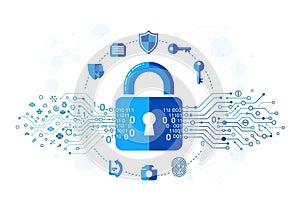 A digital illustration of a blue padlock in the center, symbolizing cybersecurity. Binary code is