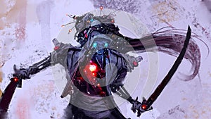 Digital illustration of a blue samurai android character with giant katana sword hands and red glowing chest - fantasy painting