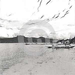 Digital illustration - The boat and sea, monochrome image for background.