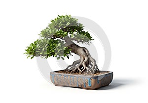 A digital illustration of a bonsai tree in a rectangular, decorative