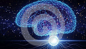 Brain composed of interconnected blue lines and nodes, representing a