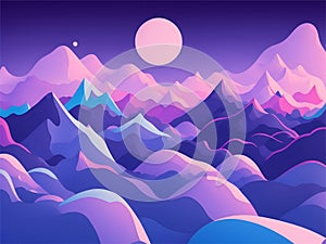 Digital illustration captures the majesty of a purple mountain range under a pink moon