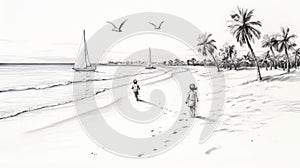 Digital Illustration Of Children Walking On Beach