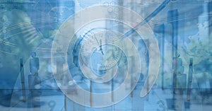 Digital illustration of clock with data processing over cityscape