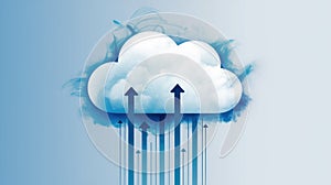 Digital illustration of a cloud with arrows indicating data upload in blue tones.