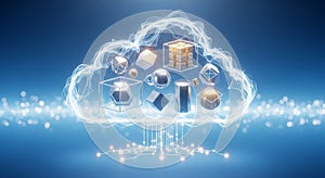 Digital illustration of cloud computing concept with geometric shapes and data visualization elements