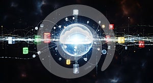 Digital illustration of cloud computing concept with interconnected network lines and dots