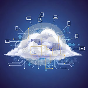 Digital illustration of cloud computing concept. A large, white cloud hovers in the