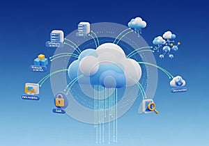 A digital illustration of cloud computing concepts. Central large cloud connected to