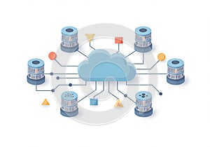 A digital illustration of a cloud computing network. Central to the design is a blue
