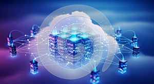 Digital illustration of cloud computing network with data centers and interconnected nodes