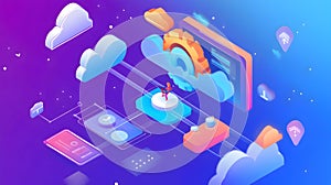 A digital illustration of cloud computing with a person working on a laptop.