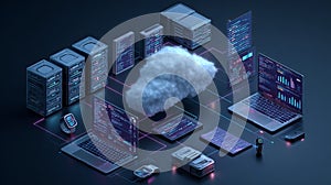 Digital illustration of cloud computing with servers and connected devices, data analysis and multi-device connectivity concept.