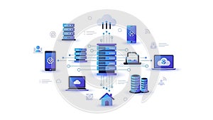A digital illustration of a cloud computing system with various devices connected to a central server