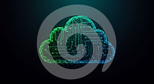 A digital illustration of a cloud shape composed of intricate circuit patterns. The cloud