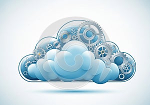 A digital illustration of a cloud symbol filled with interlocking gears and cogs. The
