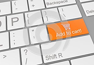 Digital illustration of a computer keyboard with an orange adding to cart button for online shopping