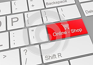 Digital illustration of a computer keyboard with a red online shop button