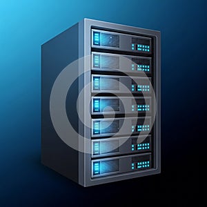 A digital illustration of a computer server, featuring a metallic rack with multiple units