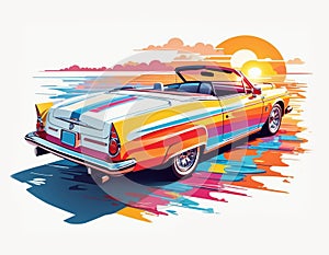 Digital Illustration Of A Convertible Classic Car, Sunset And Clouds With Rainbow Colors