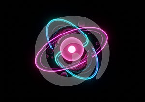 A digital illustration depicting an atom-like structure on a black background. It