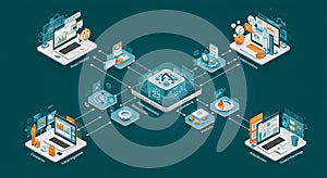 Digital illustration depicting a centralized AI system connected to four peripheral