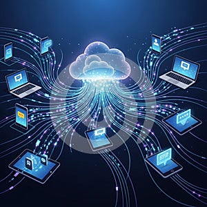 A luminous cloud icon is connected to various devices including laptops,