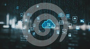 Digital illustration depicting a cloud computing concept. A central blue cloud icon sits