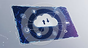 Digital illustration depicting a cloud computing concept. Central large white cloud icon