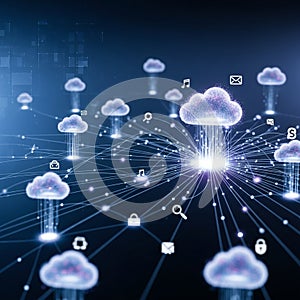 Digital illustration depicting cloud computing. Multiple fluffy, translucent cloud icons