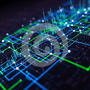 A complex interconnected network of glowing lines and nodes on a dark