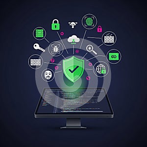 Cybersecurity Shield Protecting Data on Computer Screen Illustration
