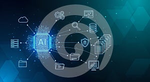 Artificial Intelligence Chip with Connected Data, Cloud, and Cybersecurity Icons on Digital Background
