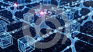 Blue lines form complex geometric patterns with nodes highlighted by