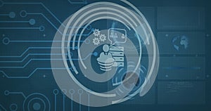 A digital illustration depicts cloud computing and data management concepts