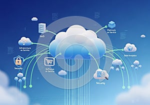 A digital illustration depicts cloud computing services. Central is a large cloud icon,