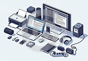 A digital illustration depicts a modern workstation setup with