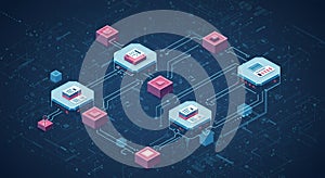 A digital illustration depicts a network of interconnected elements resembling a