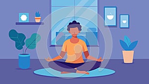 A digital illustration depicts a person with ADHD sitting in a quiet room practicing a guided meditation to help them