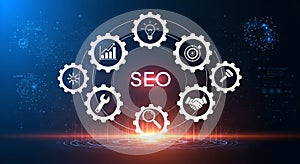 Search Engine Optimization concept diagram with interconnected gears and technology icons.