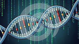 A digital illustration of a DNA double helix with binary code in the background